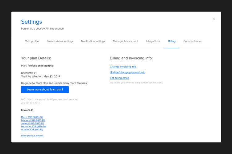 Your invoices are listed at the bottom of the page.